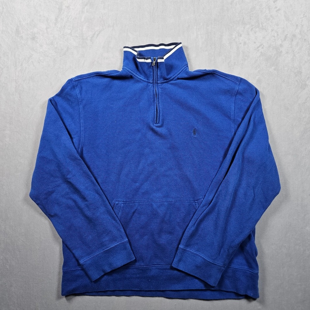 Polo Ralph Lauren Sweatshirt Mens Large Blue 1/4 Zip Pockets Cotton Pullover - Picture 2 of 12